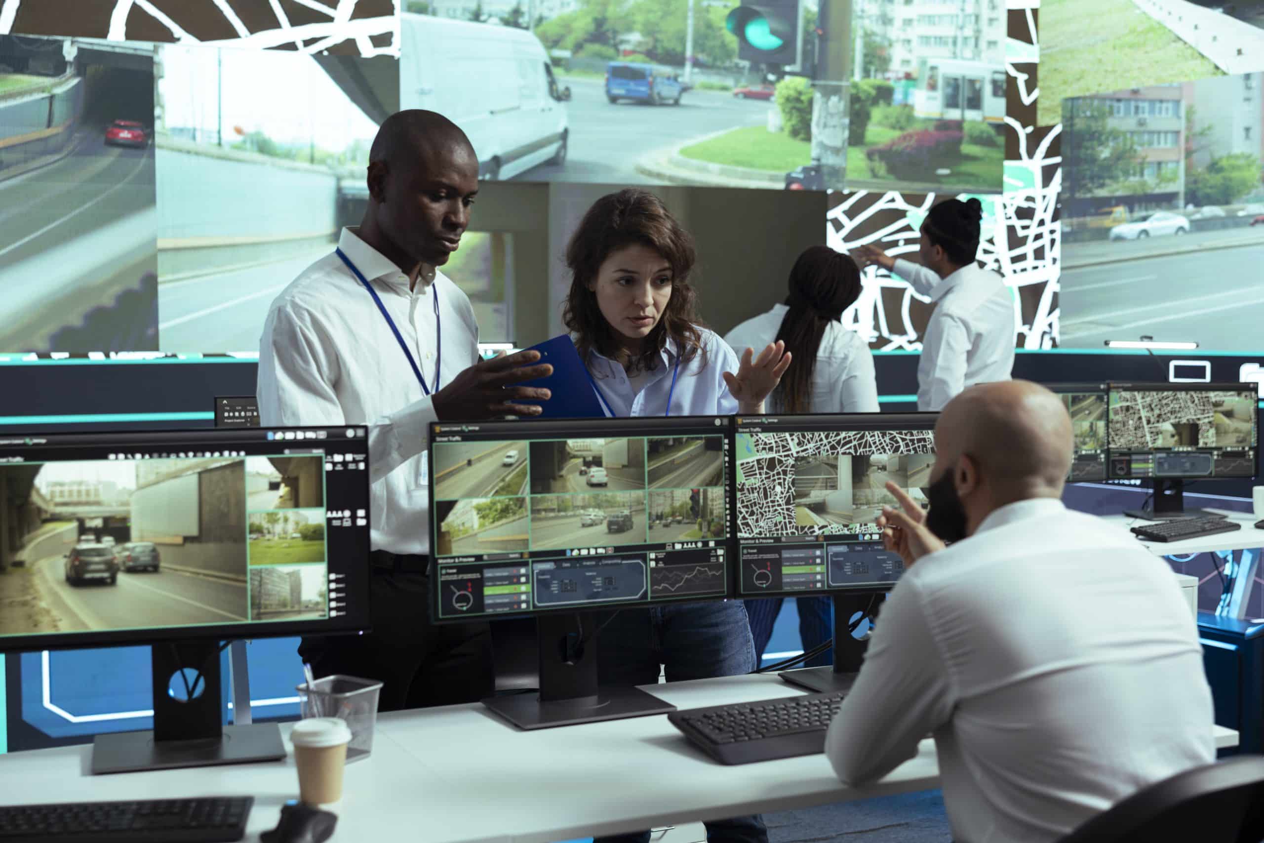 Diverse employees consulting each other on gps tracking activity