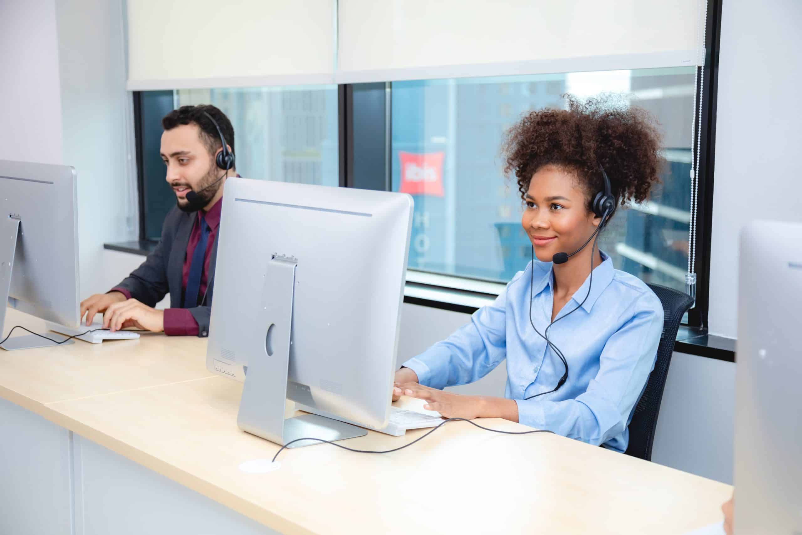 Customer service call center, telemarketing manager team or mentor reading online feedback